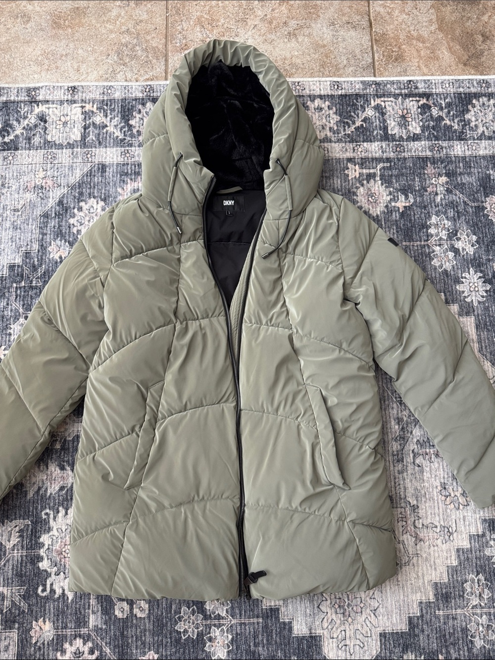 DKNY Sage Green Quilted Hooded Puffer Coat